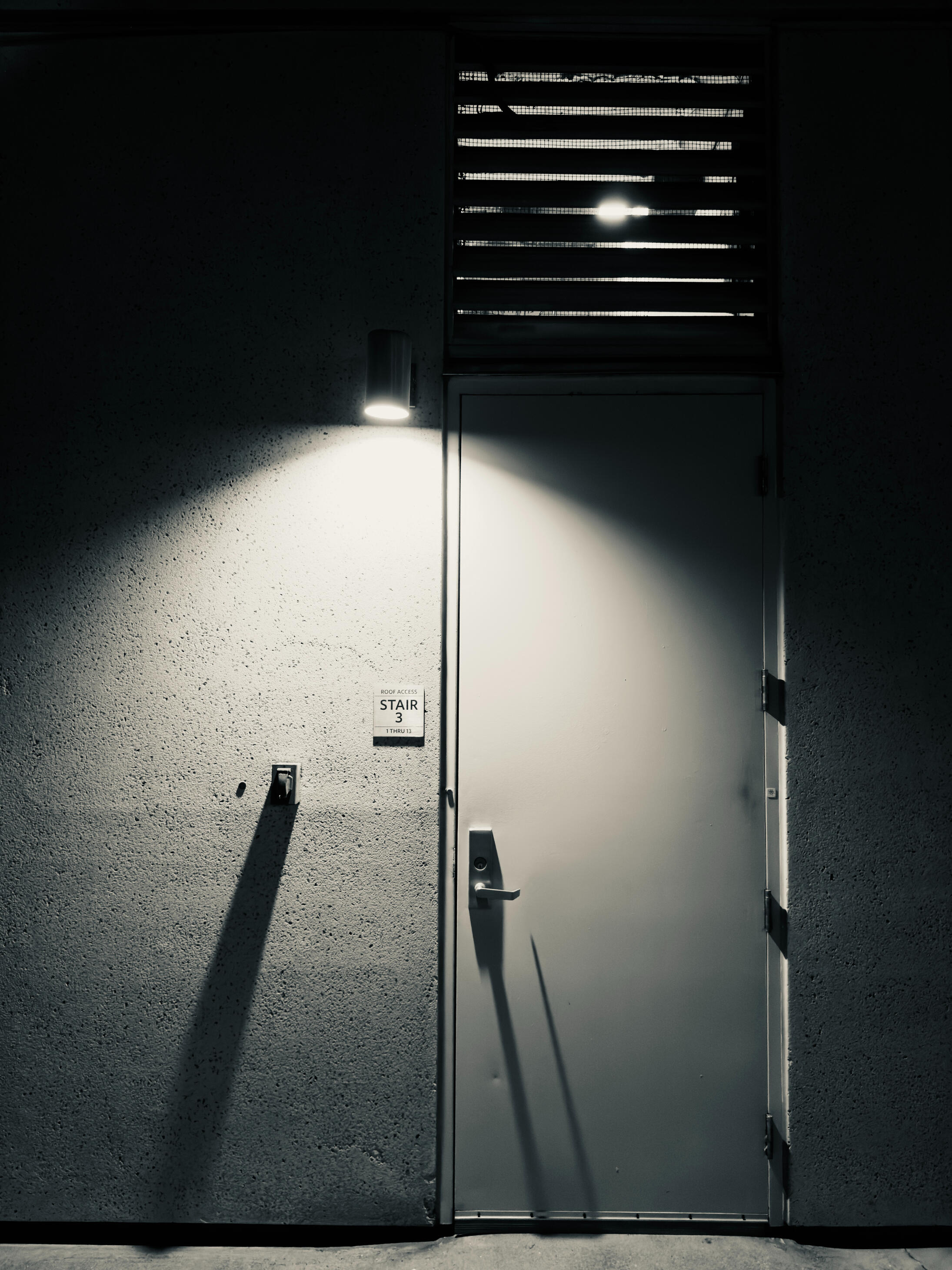 stair 3 - B&W Found Art Los Angeles Doorway - Architectural Geometry and Shadows - California Noir - 1/1 Unique Artifact - Gutterstars Studio.